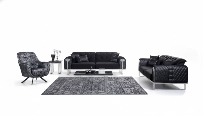 Ensemble de canapés de salon noir, 2x canapé trois places, fauteuil rembourré de designer