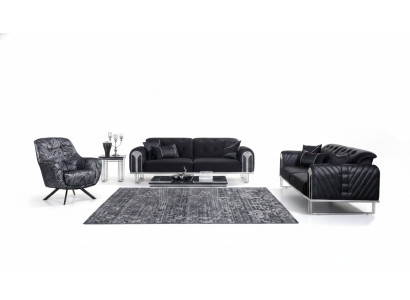 Ensemble de canapés de salon noir, 2x canapé trois places, fauteuil rembourré de designer