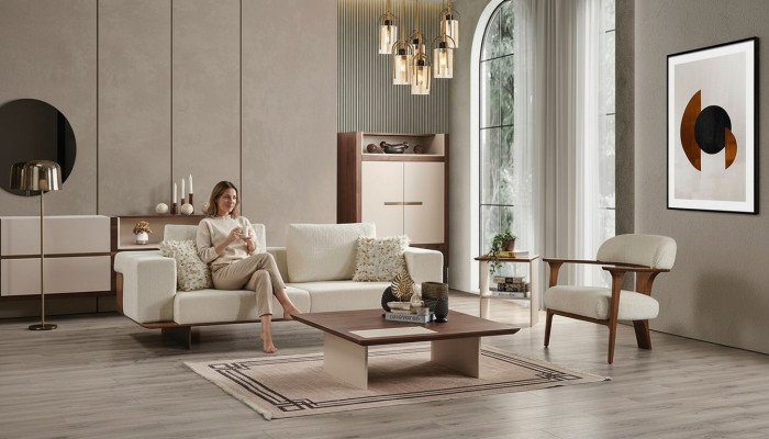 Ensemble de canapé moderne blanc 3 places 1 place Tissu Fauteuil en bois Ensemble complet nouveau