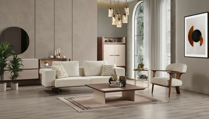 Ensemble de canapé moderne blanc 3 places 1 place Tissu Fauteuil en bois Ensemble complet nouveau