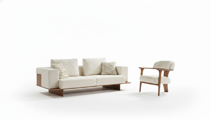 Ensemble de canapé moderne blanc 3 places 1 place Tissu Fauteuil en bois Ensemble complet nouveau