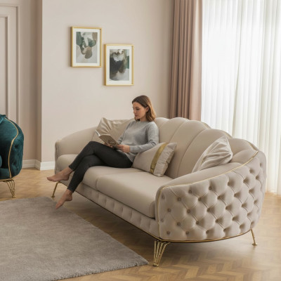 Ensemble de canapé de salon Chesterfield moderne beige x2 Fauteuils rembourrés 3 places