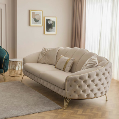 Ensemble de canapé de salon Chesterfield moderne beige x2 Fauteuils rembourrés 3 places