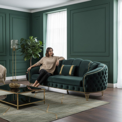 Canapé 3 places 2x Chesterfield Revêtement Siège Tissu Tissus Canapés Sofa