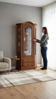 Vitrine de meubles en bois de luxe avec armoires en verre et étagères en bois pour le salon.