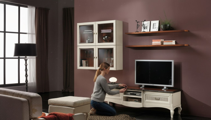 Meuble TV Lowboard avec armoires murales Salon Ensemble de meubles en bois Étagère murale Ensemble de 7 pièces.