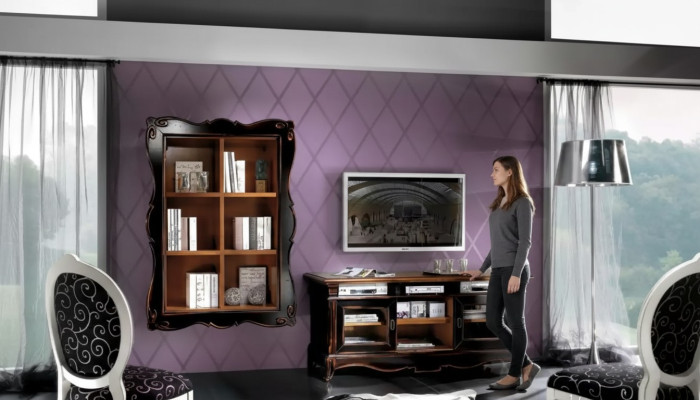 Meuble pour télévision avec étagères, unité murale pour salon, design classique en bois, nouveau mobilier.