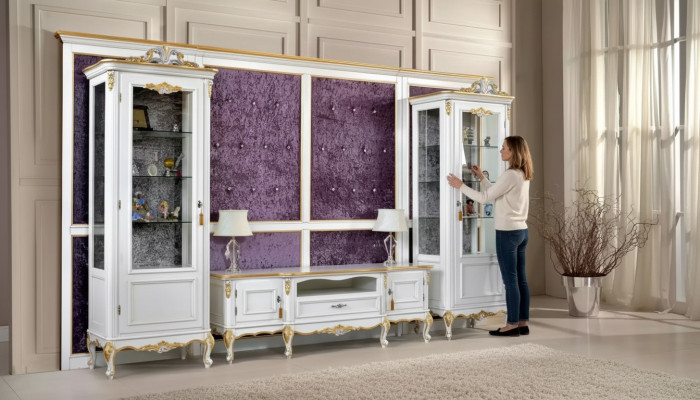 Unité murale Meuble TV Meuble TV 2x Vitrine Bois Classique Blanc Salon nouveau
