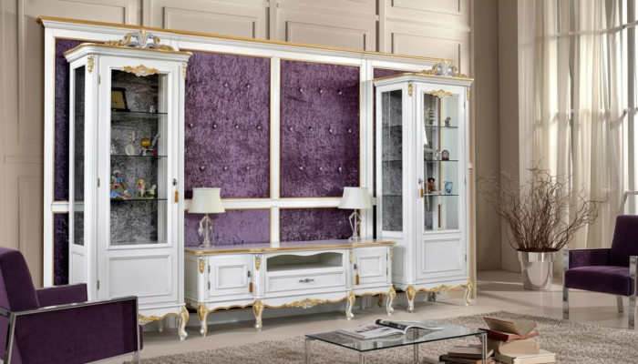Unité murale Meuble TV Meuble TV 2x Vitrine Bois Classique Blanc Salon nouveau