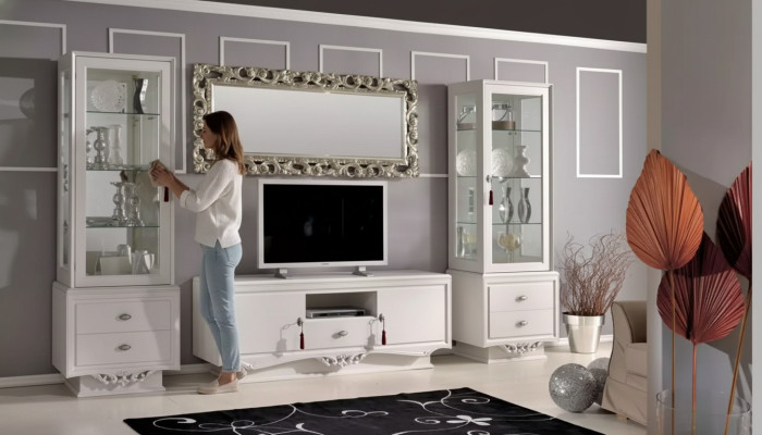 Bahut TV italien pour salon 2x vitrine bahut télé de luxe blanc