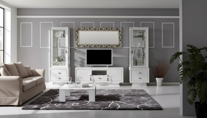Bahut TV italien pour salon 2x vitrine bahut télé de luxe blanc