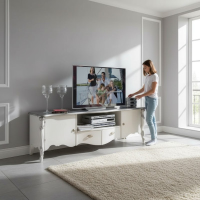 Meuble TV Armoire TV Buffet bas Blanc classique Bois Moderne Salon nouveau