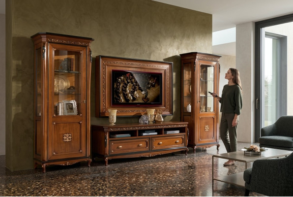 Meuble TV Lowboard Classique Ensemble de mobilier mural TV-Frame Marron Salon Ensemble 4 pièces