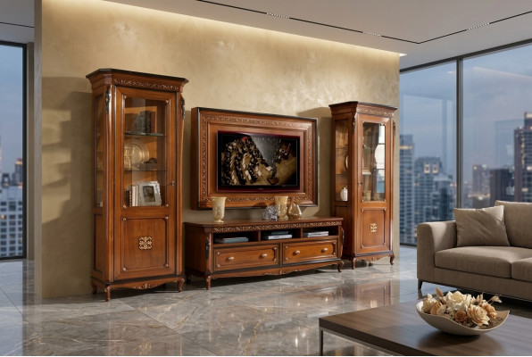 Meuble TV Lowboard Classique Ensemble de mobilier mural TV-Frame Marron Salon Ensemble 4 pièces
