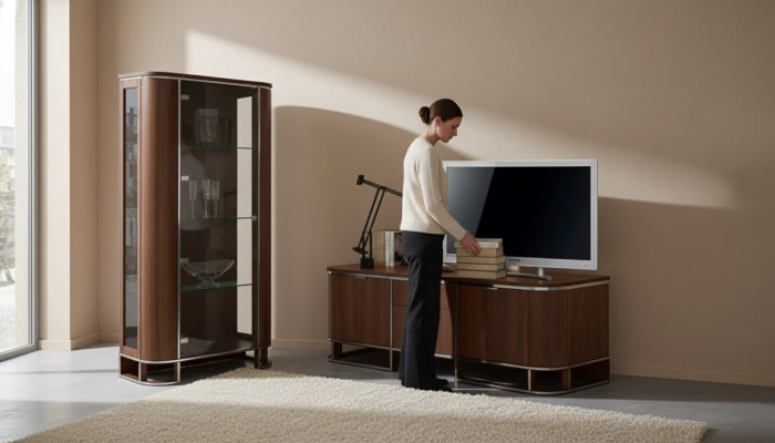 Meuble TV mur support télévision buffet bas brun brillant vitrine