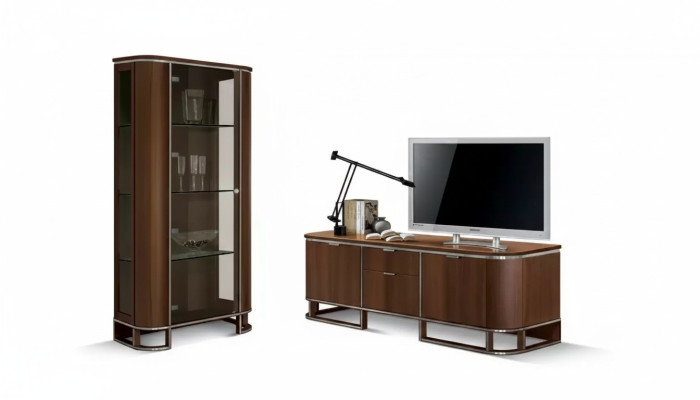 Meuble TV mur support télévision buffet bas brun brillant vitrine