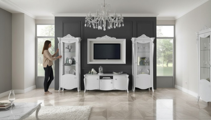 Unité murale Blanc Style Design Meuble bas TV Cadre en verre Armoire TV nouveau
