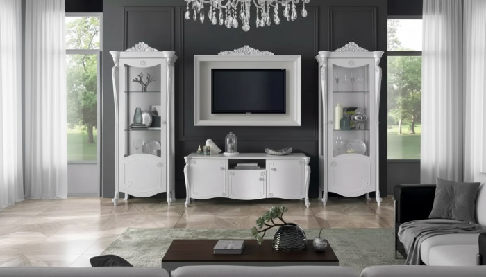 Unité murale Blanc Style Design Meuble bas TV Cadre en verre Armoire TV nouveau