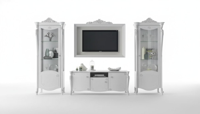 Unité murale Blanc Style Design Meuble bas TV Cadre en verre Armoire TV nouveau