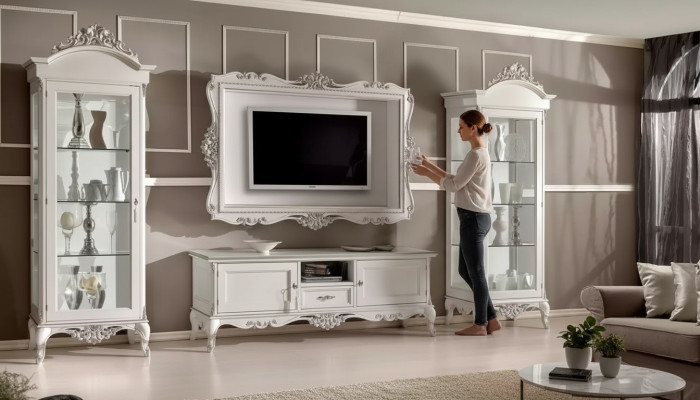 Unité murale basse 2x Vitrine Cadre TV set 4 pièces. Style classique blanc