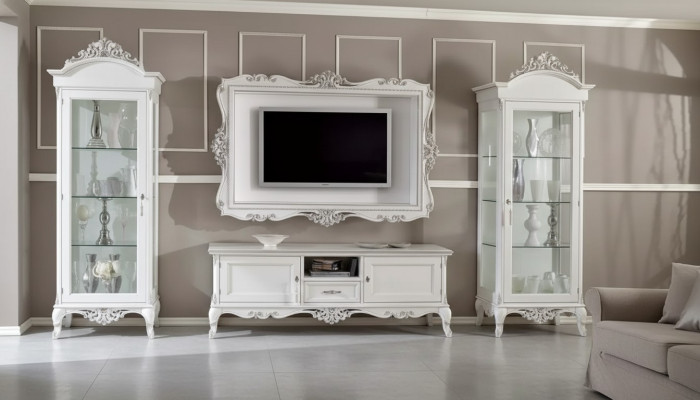 Unité murale basse 2x Vitrine Cadre TV set 4 pièces. Style classique blanc