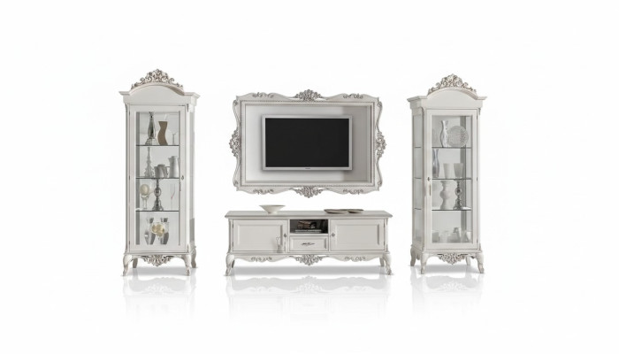 Unité murale basse 2x Vitrine Cadre TV set 4 pièces. Style classique blanc