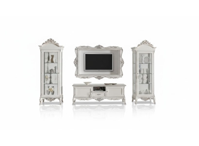 Unité murale basse 2x Vitrine Cadre TV set 4 pièces. Style classique blanc