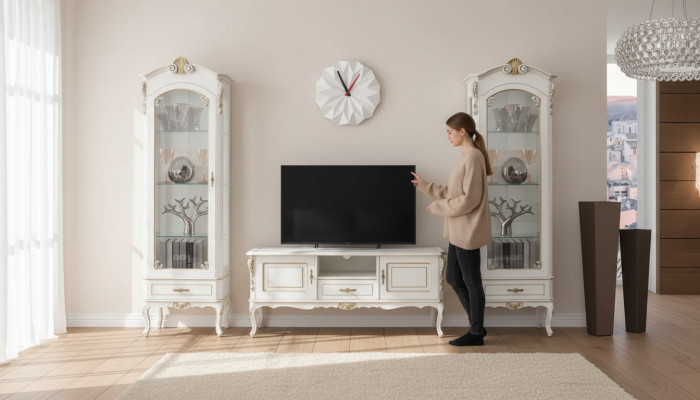 Ensemble de 3 pièces Unité murale TV Buffet bas 2x Vitrine Mobilier style italien blanc