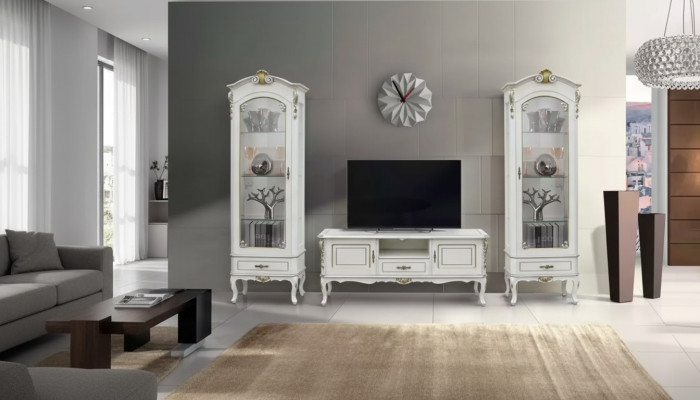 Ensemble de 3 pièces Unité murale TV Buffet bas 2x Vitrine Mobilier style italien blanc