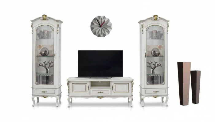 Ensemble de 3 pièces Unité murale TV Buffet bas 2x Vitrine Mobilier style italien blanc