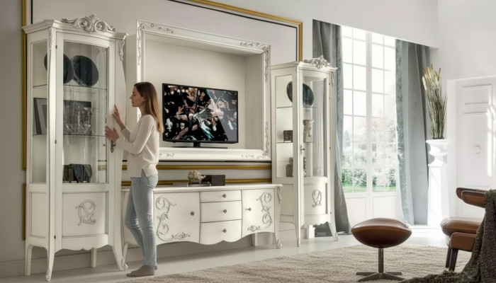 Style classique unité murale blanche basse 2x vitrine cadre TV groupe nouvel
