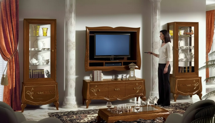 Meuble TV mural Buffet TV-Banc TV-Cadre 2x Vitrine Marron Ensemble de salon 4 pièces