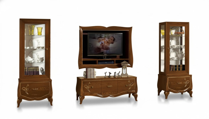 Meuble TV mural Buffet TV-Banc TV-Cadre 2x Vitrine Marron Ensemble de salon 4 pièces
