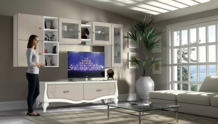 Ensemble de luxe pour salon murale composé de vitrine, bahut bas, étagère murale et télévision, 5 pièces. Nouveau.