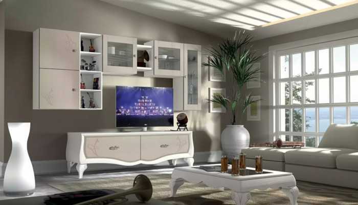 Ensemble de luxe pour salon murale composé de vitrine, bahut bas, étagère murale et télévision, 5 pièces. Nouveau.