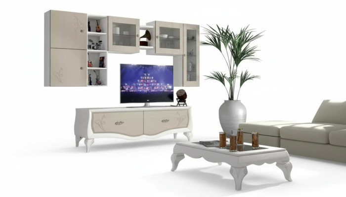 Ensemble de luxe pour salon murale composé de vitrine, bahut bas, étagère murale et télévision, 5 pièces. Nouveau.