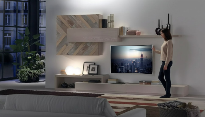 Meuble télévision bas, étagères murales, salon, luxueux, buffet bas, gris, neuf