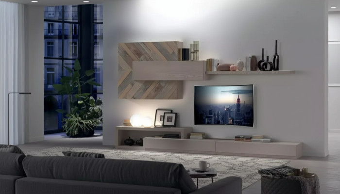 Meuble télévision bas, étagères murales, salon, luxueux, buffet bas, gris, neuf