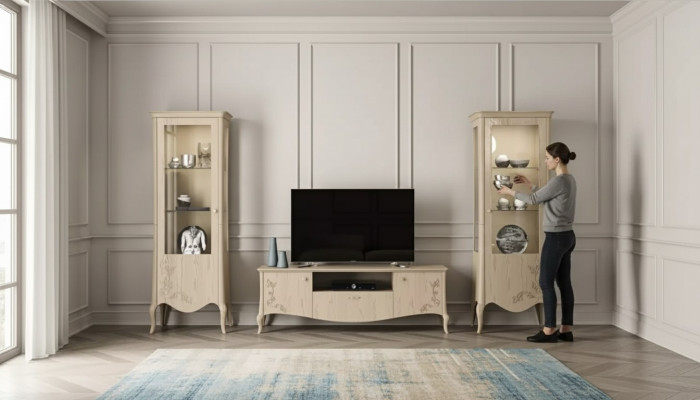 Meuble TV pour salon Vitrine Buffet Étagère Salon de luxe Beige Ensemble 3 pièces.