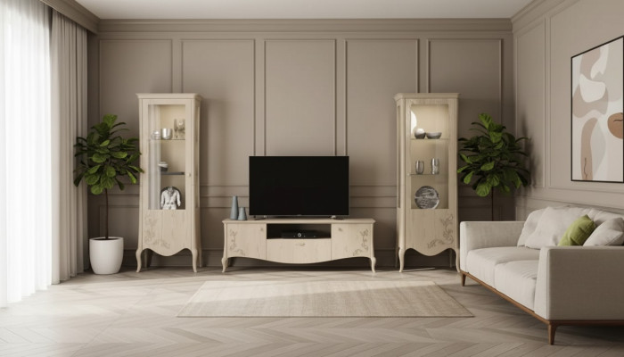 Meuble TV pour salon Vitrine Buffet Étagère Salon de luxe Beige Ensemble 3 pièces.