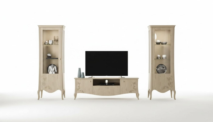 Meuble TV pour salon Vitrine Buffet Étagère Salon de luxe Beige Ensemble 3 pièces.