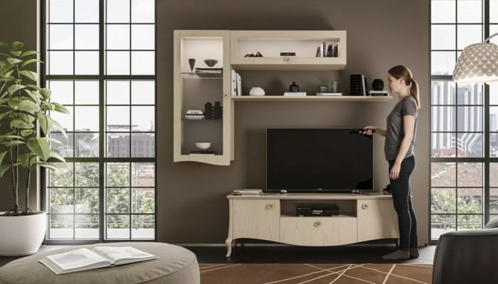 Meuble TV de luxe pour salon, buffet TV, étagères murales, unité murale beige.