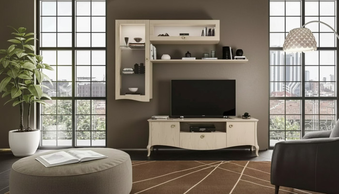Meuble TV de luxe pour salon, buffet TV, étagères murales, unité murale beige.
