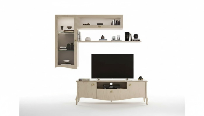 Meuble TV de luxe pour salon, buffet TV, étagères murales, unité murale beige.