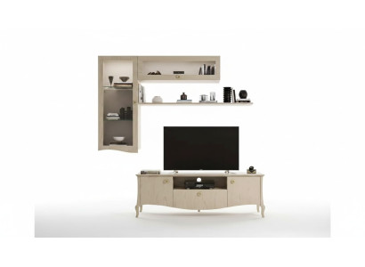 Meuble TV de luxe pour salon, buffet TV, étagères murales, unité murale beige.