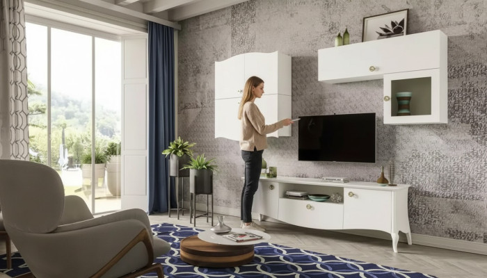 Meuble TV de luxe Salon Meuble TV Lowboard Buffet Buffet Unité murale Blanc neuf