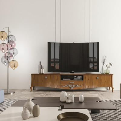 Meuble TV bas, Meuble télé Salon Design Étagère Marron Bois Lowboard Italie nouveau