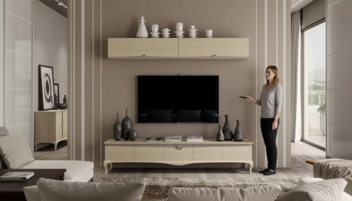 Support mural pour téléviseur, étagère en bois, étagère murale beige, design classique, neuf