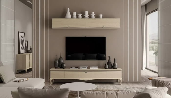 Support mural pour téléviseur, étagère en bois, étagère murale beige, design classique, neuf