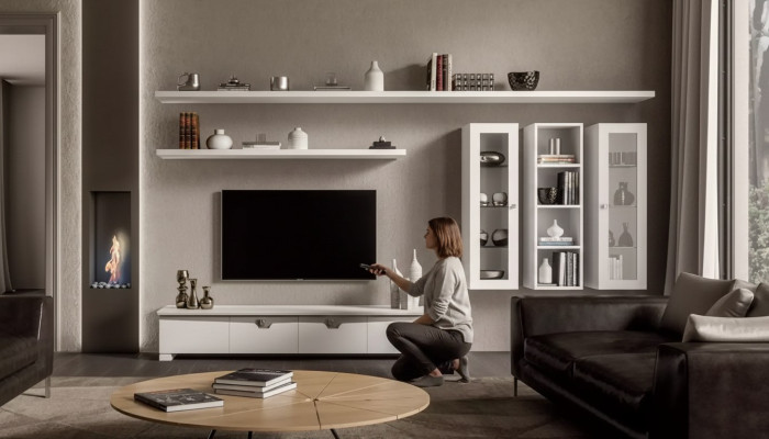 Salle de séjour Meuble bas Unité murale Bois Armoire Design Blanc Moderne Ensemble 6 pièces.
